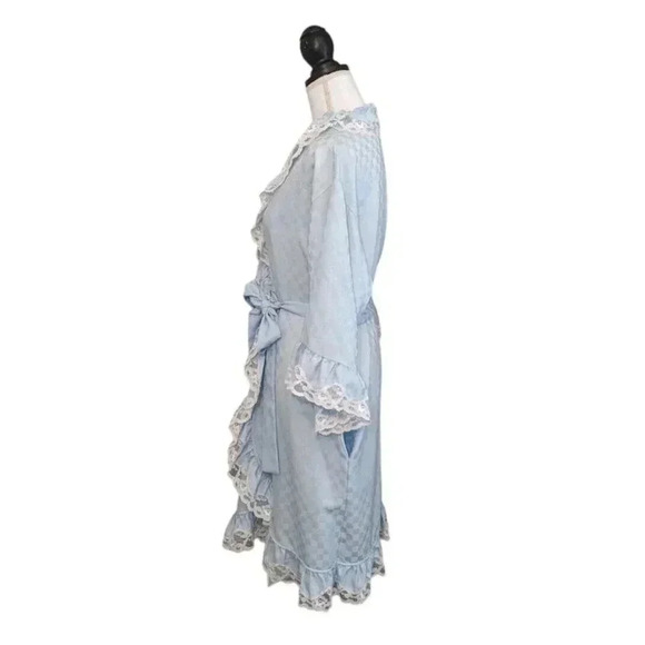 Vintage Givenchy Intimates Paris Tiffany Blue Ruffle Lace Check Robe Small USA - Picture 3 of 12